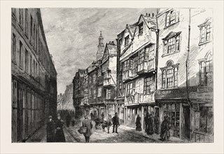 OLD HOUSES IN WYCH STREET, LONDON, DEMOLISHED, engraving 1884, UK, britain, british, europe, united