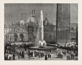 INAUGURATING THE NEW WATER SUPPLY OF VENICE IN THE PIAZZA SAN MARCO, ITALY, engraving 1884