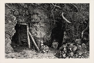 TUNNELS FOR QUARTZ AT NEEDLEROCK, STONE'S REEF  GOLD MINING IN WYNAAD, INDIA, engraving 1884