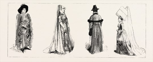 HISTORICAL COSTUMES AT THE INTERNATIONAL EXHIBITION, SOUTH KENSINGTON, LONDON, ENGRAVING 1884, UK,