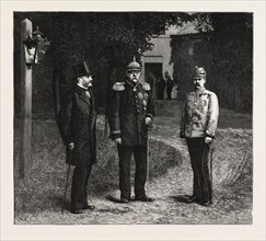 THE GERMAN, RUSSIAN, AND AUSTRIAN CHANCELLORS, MEETING AT SKIERNIEVICE, POLAND, ENGRAVING 1884