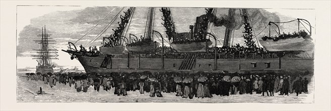 DEPARTURE OF THE TROOP SHIP DECCAN  FROM PORTSMOUTH, THE CAMEL CORPS FOR THE NILE EXPEDITION,