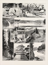 PLACES IN JAPAN, I. Iyeyasu's Tomb, Nikko. 2. Itsukusima  The Temples  3. Waterfall at Toji-no-ki,