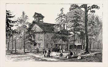 CHRIST CHURCH AND PUBLIC SCHOOL, THOMAS HUGHES SETTLEMENT NEW RUGBY TENNESEE, ENGRAVING 1884, US,