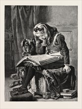 THE STUDENTS, GIRL, DOG, BOOK, BOOKS,  ENGRAVING 1884