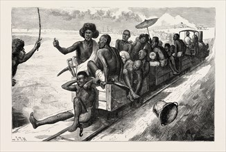 EGYPT, NATIVES FOR WORK ON THE SUAKIM RAILWAY, ENGRAVING 1884