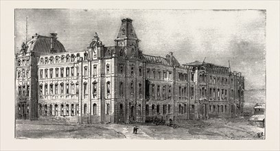 EXPLOSION AT THE PARLIAMENT HOUSE, QUEBEC CANADA, ENGRAVING 1884