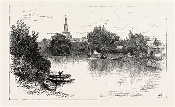 VIEW FROM THE NEW BRIDGE OVER THE OUSE AT BEDFORD, ENGRAVING 1884, UK, britain, british, europe,