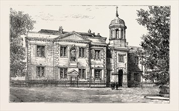THE BEDFORD GRAMMAR SCHOOL BEDFORD, ENGRAVING 1884, UK, britain, british, europe, united kingdom,
