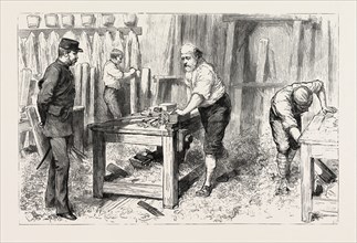 THE CLAIMANT AT WORK IN THE CARPENTERS SHOP,  PORTSMOUTH CONVICT PRISON, ENGRAVING 1884, UK,