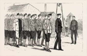THE CLAIMANT WITH OTHER CONVICTS LEAVING THE JOINERS' SHOP, ENGRAVING 1884, UK, britain, british,