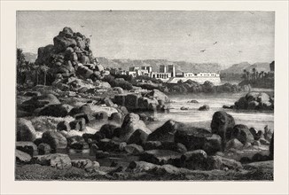 THE FIRST CATARACT OF THE NILE AND THE ISLAND OF PHILE EGYPT, ENGRAVING 1882