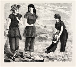 ENGLISH BATHING COSTUMES, FASHION, ENGRAVING 1882