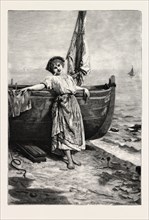 ON THE MEDITERRANEAN, engraving 1882, boat, girl, sea