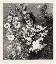 GIRL AMONGST FLOWERS, fashion, engraving 1882