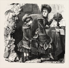 GIRLS' OUTDOOR COSTUMES, fashion, engraving 1882