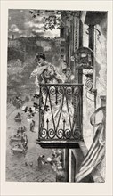 ON THE BALCONY AT NAPLES, ITALY, ENGRAVING 1882