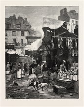 THE OLD GAME AND POULTRY MARKET IN PARIS, RANCE, ENGRAVING 1882