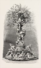 FRUIT AND FLOWER STAND IN SILVER, TABLE DECORATION,  ENGRAVING 1882
