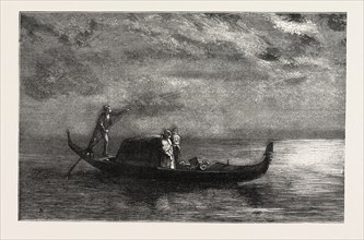 MOONLIGHT ON THE LAGOONS, VENICE, ITALY,  ENGRAVING 1882