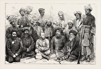 MAJOR CAVAGNARI AND CHIEF SIRDARS AT JELLALABAD, NOW JALALABAD, AFGHANISTAN, ENGRAVING 1879