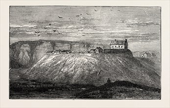 FORT AMIEL, NEAR NEWCASTLE, NATAL HOSPITAL AND ,COMMISSARIAT DEPOT, ZULU WAR, ENGRAVING 1879