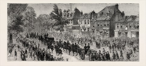 ARRIVAL OF THE PROCESSION AT CHISLEHURST, u.k., THE FUNERAL OF PRINCE LOUIS NAPOLEON, ENGRAVING