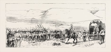 ARRIVAL OF GENERAL WOOD'S COLUMN AT UPOKO RIVER, THE ZULU WAR, ENGRAVING 1879