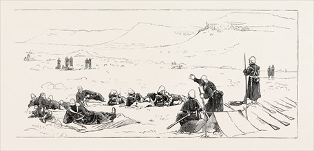NIGHT PICKET OF 94TH REGIMENT, UPOKO RIVER, THE ZULU WAR, ENGRAVING 1879