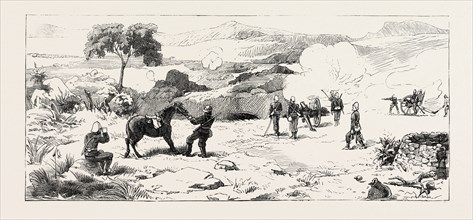 SHELLING ZULU KRAALS, UPOKO RIVER, THE ZULU WAR, ENGRAVING 1879