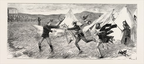 THE ZULU WAR A MORNING ALARM IN CAMP ON THE UPOKO RIVER, ENGRAVING 1879
