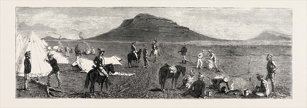 ENCAMPMENT OF BETTINGTON'S HORSE, CONFERENCE HILL, THE ZULU WAR, ENGRAVING 1879