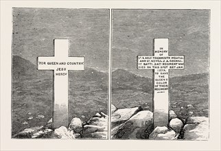 MEMORIAL STONE AT THE GRAVES OF LIEUTENANTS MELVILL AND COGHILL, THE ZULU WAR, ENGRAVING 1879