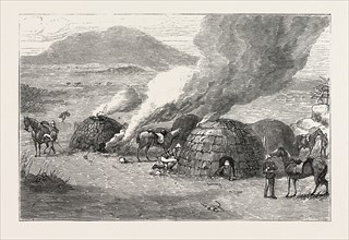 LANCERS BURNING ZULU KRAALS, UPOKO RIVER, THE ZULU WAR, ENGRAVING 1879