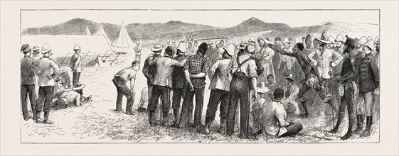 THROWING THE ASSEGAT, THE ZULU WAR, ENGRAVING 1879