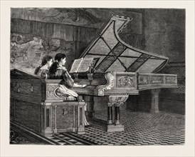 AN ARTIST'S PIANOFORTE, ENGRAVING 1879, PIANO, MUSIC, PLAYING