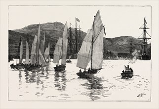 THE MEDITERRANEAN FLEET AT SIGRI THE ANNUAL REGATTA START FOR THE ADMIRAL'S CUP, ENGRAVING 1879