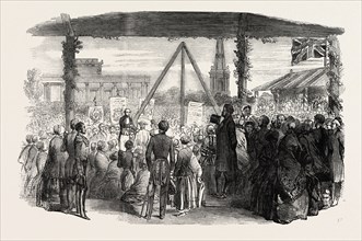 FOUNDING OF A HINDOO FEMALE SCHOOL IN CORNWALLIS SQUARE, AT CALCUTTA, INDIA, 1851 engraving