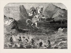 SCENE FROM THE NEW PANTOMIME OF HARLEQUIN AND O'DONOGHUE, AT ASTLEY'S, UK, 1851 engraving