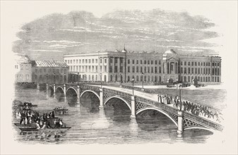 NEW IRON BRIDGE AT ST. PETERSBURG, RUSSIA, 1851 engraving