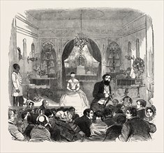 THE SALLE DE ROBIN, PICCADILLY, LONDON, UK. M. Robin leads on Madame blindfolded, and seats her on