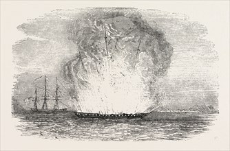 EXPLOSION OF THE PORTUGUESE FRIGATE DONNA MARIA II AT TYPA, 1851 engraving