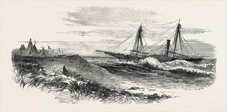 H.M. STEAM VESSEL FLAMER ON A REEF SOUTH EAST OF MONROVIA, LIBERIA, 1851 engraving