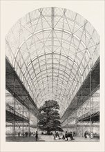 THE GREAT EXHIBITION, INTERIOR OF THE TRANSEPT OF THE CRYSTAL PALACE, LONDON, UK. VIEW LOOKING