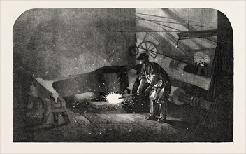 THE MANUFACTURE OF GUN BARRELS, AT BIRMINGHAM, UK: THE STEAM HAMMER, 1851 engraving