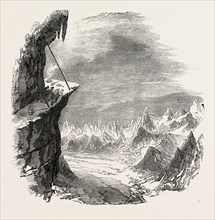 CLIMBING THE MONT BLANC: THE GRANDS MULETS, EVENING VIEW, ALPS, FRENCH ALPS, FRANCE, 1851 engraving