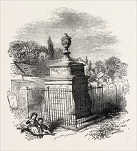 TOMB OF HOGARTH, IN CHISWICK CHURCHYARD, LONDON, UK, 1851 engraving