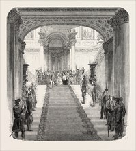 HER MAJESTY DESCENDING THE GRAND STAIRCASE AT BUCKINGHAM PALACE, LONDON, UK, 1851 engraving