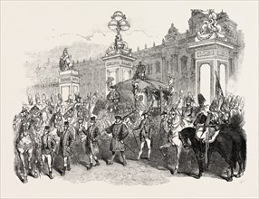OPENING OF PARLIAMENT: HER MAJESTY LEAVING BUCKINGHAM PALACE, LONDON, UK, 1851 engraving