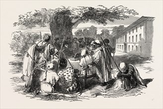 PALAVER BETWEEN THE GOVERNOR OF THE GAMBIA AND THE KING OF COMBO, 1851 engraving